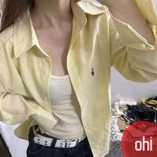 【ohi】奶黃色條紋襯衫 防曬衣 寬鬆百搭 長袖襯衫 學院風襯衫女 女生襯衫 襯衣 襯衫 上衣 女裝 GSN2391