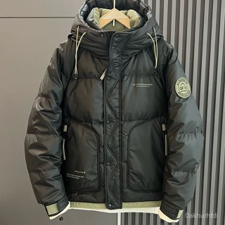 免洗加厚亮麵青年連帽羽絨服男士潮流休閒百搭保暖白鴨絨短版外套 防寒 長款保暖白鴨絨外套 羽絨外套連帽1223 PA8M
