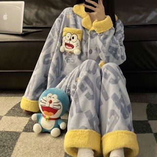 家居服 ✨秋冬季珊瑚絨睡衣女士法蘭絨套裝可愛叮當貓冬天加絨家居服可外穿 居家服 長袖家居服 睡衣套裝 居家睡衣