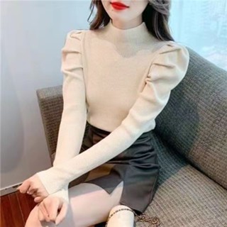 (臺灣出貨)SY韓版上衣長袖打底衫女秋冬螺紋顯瘦修身保暖德絨薄款百搭半高領上衣泡泡袖長袖上衣