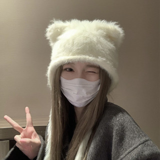 蝸居生活館🔆可愛帽子 包頭帽 暖冬時尚小貓帽女2024新款雷鋒毛絨大頭圍保暖護耳可愛顯臉小帽子 貝雷帽 針織帽 冷帽