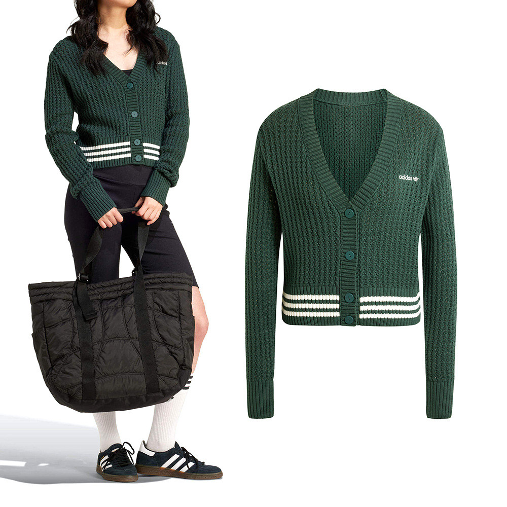 Adidas Cardigan 女款 綠色 運動 休閒 三葉草 復古 足球風 學院風 針織 外套 IX1046