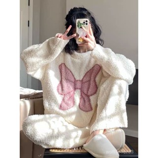 暖冬必備🔥 可外穿法蘭絨珊瑚絨冬季ins睡衣女珊瑚絨加厚甜美長袖休閒圓領法蘭絨女士家居服套裝