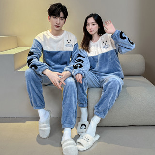 女M-XXL男L-4XL情侶法蘭絨睡衣冬季珊瑚絨卡通家居服