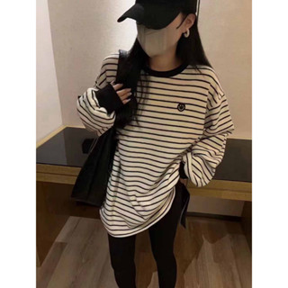 【免運出貨】春秋冬韓版新款加厚中長款長袖T恤女慵懶風寬鬆條紋笑臉磨毛上衣