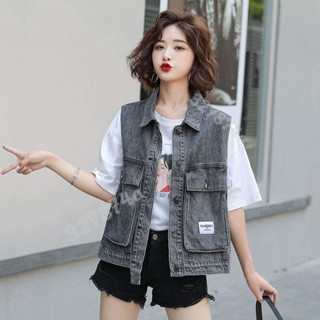 新款💖大尺碼背心 韓版2021牛仔馬甲外套女春秋ins學生工裝韓版新款寬鬆無袖背心 短版背心 透膚罩衫 外搭背心 背心