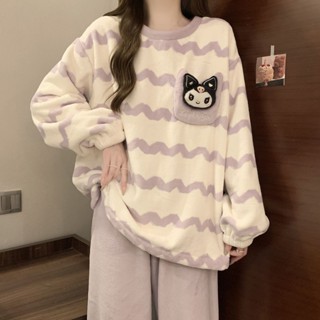 see 保暖睡衣 加絨睡衣 居家服 長袖睡衣 法蘭絨睡衣女款冬季2024年新款加絨加厚珊瑚絨綠條卡通冬天家居服