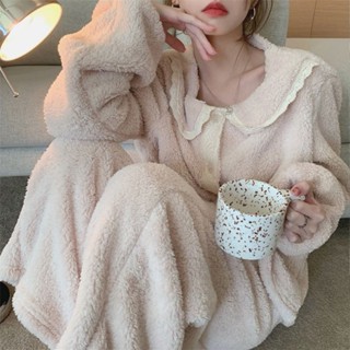 see 保暖睡衣 加絨睡衣 居家服 長袖睡衣 高階感性感珊瑚絨睡衣女秋冬款蕾絲花邊加絨加厚法蘭絨家居服套裝