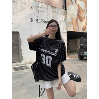 Annie💖 美式復古做舊設計運動風數字印花短袖寬鬆T恤上衣 短袖棒球服 短袖上衣
