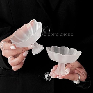 杯 茶具 主人杯 品茗杯 玻璃杯 高腳玻璃小碗 精緻花邊磨砂蓮花高足茶杯玻璃杯高級網紅杯茶具主人杯品茗杯