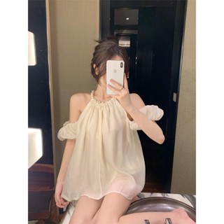【限時免運出貨】掛脖泡泡袖露肩襯衫女珍珠夏季溫柔風肩寬鬆休閒上衣短袖雪紡衫