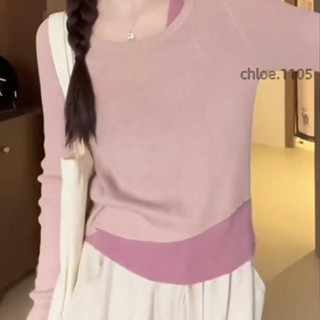 【免運】韓係穿搭獨特漂亮粉色顯瘦假兩件長袖T恤 小眾甜美 不規則拚接 打底衫 初秋新款 大碼 溫雅氣質 修身遮肉 上衣