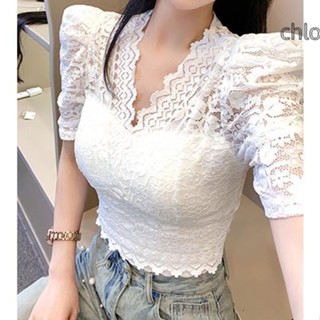 【限時免運出貨】夏季蕾絲花邊v領緊身短袖上衣女