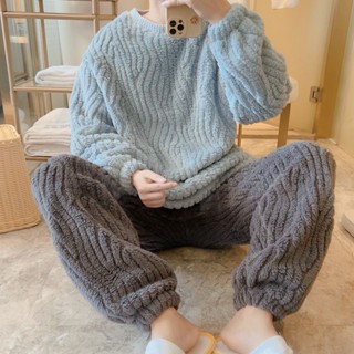 可外穿 長袖睡衣 法蘭絨睡衣 保暖居家服 睡衣男士秋冬季刷毛加厚珊瑚絨寬鬆大尺碼男款家居服套裝冬天可外穿