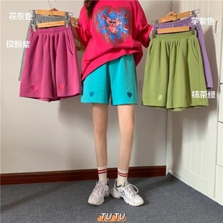 TUTU 大尺碼短褲 胖mm大碼300斤愛心刺繡短褲運動休閑闊腿五分褲直筒女夏短褲200斤