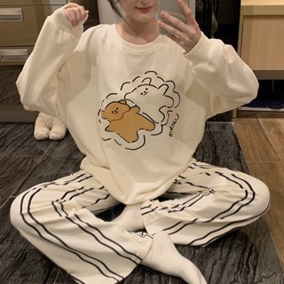 【玖元玖】韓版可愛線條小狗德絨睡衣女秋冬季新款保暖加厚休閑家居服套裝