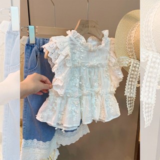 mori🎀mori女童夏季新款小飛袖甜美小清新上衣蕾絲花邊牛仔褲兩件套裝