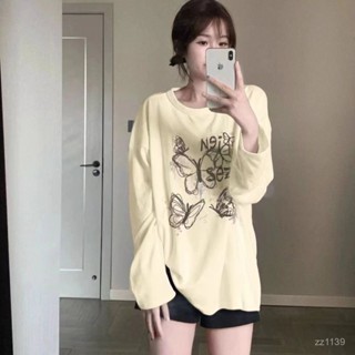 詩遊時尚女裝店⭐秋季甜美多巴胺純棉蝴蝶印花長袖T恤女美式寬鬆慵懶風打底衫上衣