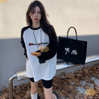 🔥信利好貨🔥插肩袖撞色長袖T恤女中長款時尚上衣秋季寬鬆顯瘦打底衫