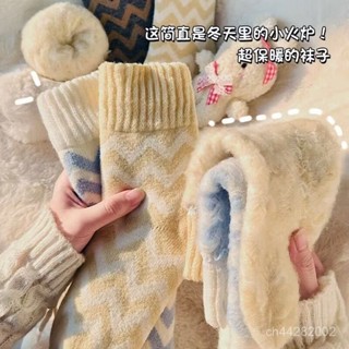 臺灣熱銷🌸秋冬季情侶保暖加絨厚襪子女黑白色中筒襪冬天條紋女士毛圈襪男女 DXDT