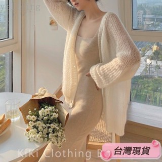 Twiggie❥女裝慵懶針織罩衫寬鬆上衣長袖針織衫馬甲上衣長白色馬海毛針織開衫女春款寬鬆慵懶風毛衣外套