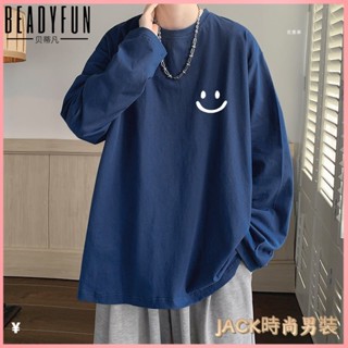 JACK-大尺碼男裝 長袖T恤男 t恤 打底衫 秋款上衣 BEADYFUN秋季圓領長袖男士新款純棉寬鬆T恤ins潮牌簡約