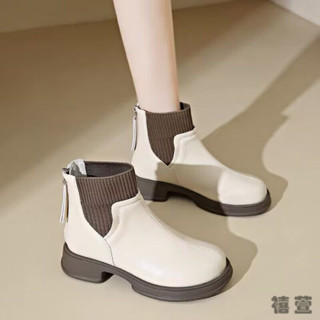 🌟禧萱女鞋🌟 韓版真皮馬丁靴 襪靴女2025年秋冬新款英倫風裸靴後拉鏈短靴瘦瘦靴真軟皮馬丁靴子 中筒女靴 英倫風