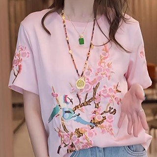 純棉新中式國風重工刺繡時尚上衣//夏裝新款寬鬆T恤女/短袖國潮媽媽裝/ 拚接,繡花圓領大碼女裝