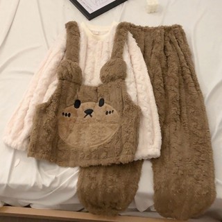 睡衣女 冬季加厚珊瑚絨睡衣 加絨睡衣 厚睡衣 新款法蘭絨加絨睡衣 可愛背帶熊睡衣 新款法蘭絨加絨家居服套裝 可愛睡衣