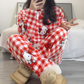 可愛睡衣 珊瑚絨睡衣 韓國ins睡衣女冬季加厚加絨珊瑚絨秋冬可愛KT貓法蘭絨家居服套裝 保暖睡衣女