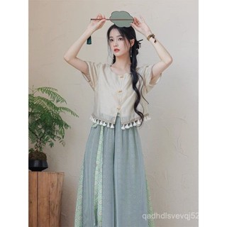~沒煩惱 免運 甜美可愛套裝 新中式漢服 小個子古風套裝 新中式國風套裝女夏新款流蘇僊氣上衣宋製漢元素宋褲闊腿褲兩件套