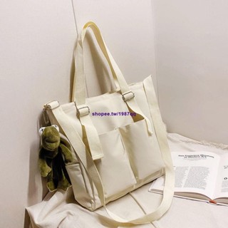 出貨 素色多口袋單肩帆布包 斜揹包 手提包 簡潔 時尚手提袋 購物袋 帆布袋 托特包 可裝A4防水包包帆布包免運🔥
