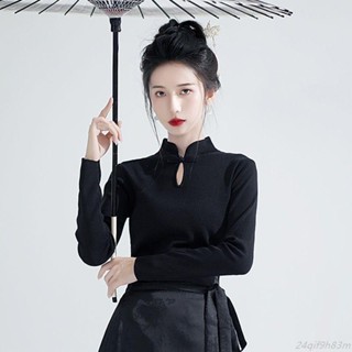 ⚡臺灣出貨 新中式上衣女 盤扣上衣 立領小飛袖 旗袍上衣 春秋款 國風禪意 打底衫 長袖T恤 盤扣立領打底衫