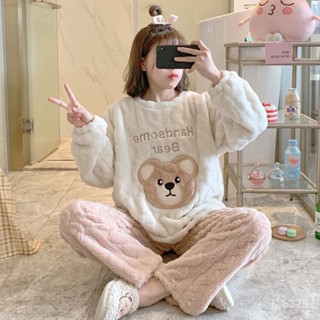🔆小甜甜日係美衣👙 法蘭絨睡衣女冬兩件套韓版甜美可愛學生秋冬珊瑚絨加絨加厚家居服 EOEX