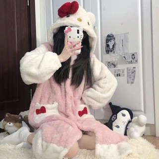 【現+免運】HelloKitty睡衣新款女冬季睡袍可愛學生ins珊瑚絨加絨加厚可外穿睡袍 睡衣 絨睡袍 冬天睡衣 保暖睡