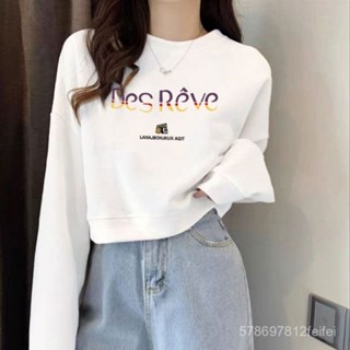 時尚衣大倉 小個子 薄款 短版 衛衣女 高腰上衣 春秋款 洋氣 簡約小眾 慵懶風 大學T 短板長袖