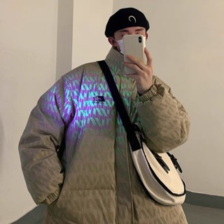 YLIE 冬天羽絨服保暖外套 潮牌ins反光工裝棉衣 羽絨服外套 棉服 棉衣美式復古羽絨棉服男 歐美hiphop炸街外套
