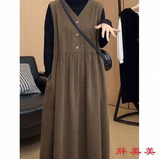 【M-5XL大尺碼】大尺碼洋裝 連衣裙 長袖洋裝 胖MM 顯瘦 高質量時尚兩件套連衣裙女大碼遮肉遮肚寬鬆顯瘦長裙子套裝春