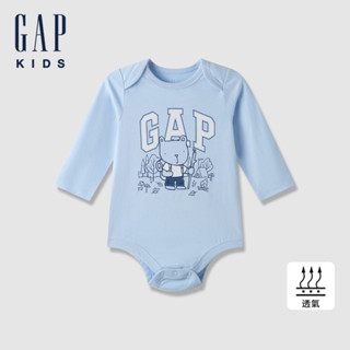 Gap 嬰兒裝 Logo純棉小熊印花圓領長袖包屁衣-天藍色(645073)