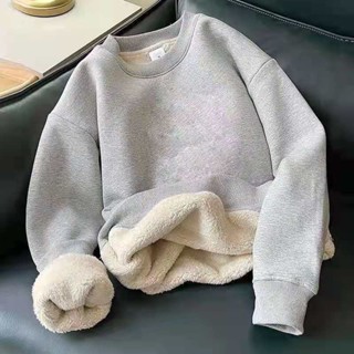 YLIE 男生保暖衣 冬季保暖上衣 打底衣 羊羔絨衛衣男士外套秋冬季加絨加厚衛衣套頭寬松羊羔絨冬天保暖衣