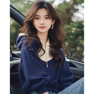 妞妞美🌈 秋季外套 潮牌高階感藍色半拉鏈連帽衛衣外套女裝秋季新款爆款時尚洋氣 帽T女 長袖女生 寬鬆上衣