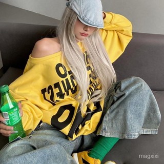 【magxixi】臺灣出貨🚚斜肩美式長袖字母衛衣春秋款印花韓版露肩小眾辣妹寬鬆外穿上衣潮