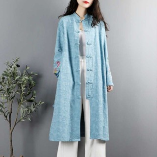 民族風復古刺繡棉麻上衣女春秋中長款盤扣開衫中國風薄款風衣外套 大尺碼外套 大尺碼上衣 冬天外套 大尺碼女裝 秋冬外套