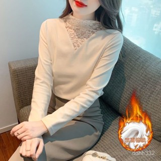 S-3XL 蕾絲半高領德絨打底衫女刷毛內搭衣修身保暖衣加厚半高領發熱衣 大尺碼打底衫 衛生衣 半高領刷毛長袖上衣
