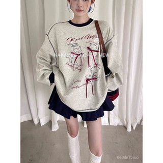 大學t 大學TEE 2024秋新品 貓咪立體蝴蝶結撞色長袖T恤 百搭圓領 休閒衛衣秋冬 長袖上衣