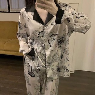 小甜心sweet👙 睡衣女春秋季新款水墨畵冰絲薄款長袖長褲宿捨蝴蝶印花家居服套裝