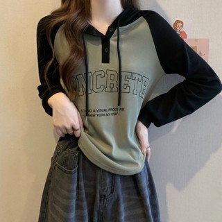 【Seeryn】M-5XL 大尺碼女生長袖連帽上衣大尺碼韓版遮肚子打底衫T恤胖mm顯瘦百搭學院風ins潮