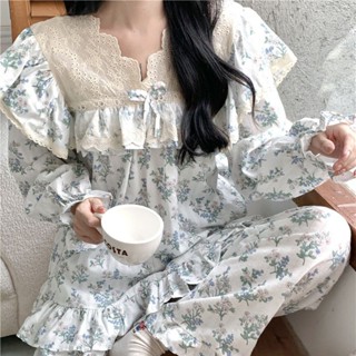 新店優惠 少女甜美 日係可愛 家居服 春秋季新款甜美公主風長袖套裝蕾絲花邊碎花寬鬆休閒家居服睡衣女