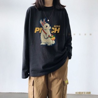女生長袖 純棉長袖 打底衫 長袖上衣 寬鬆長袖秋季減齡220g重磅純棉寬鬆長袖T恤女2023新款設計感兔子印花長袖t