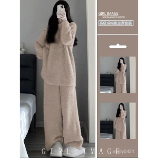 珊瑚絨睡衣女冬季網紅小香風純色保暖半邊絨少女可外穿家居服套裝